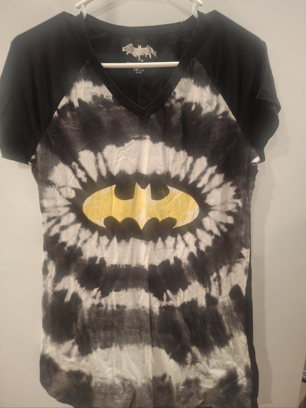 Batman Black & White Tie-Dye V-Neck Tee with Yellow Bat Logo